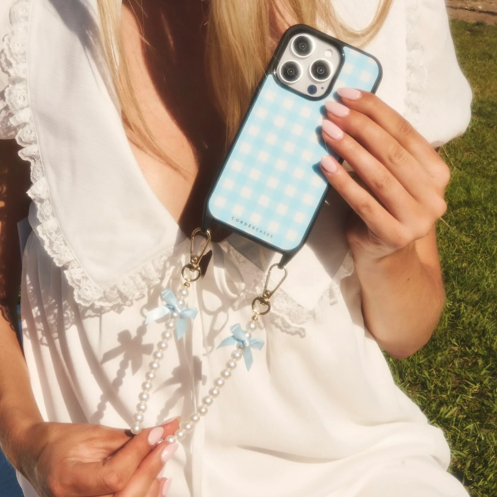 Gingham Darling Phone Wristlet Set Powder Blue - Image 4